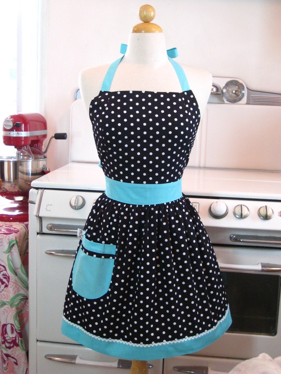 The CHLOE Vintage Inspired Black and White Polka Dot with Aqua Full Apron