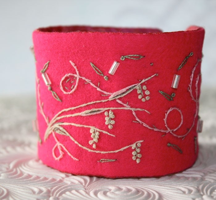 Honeysuckle Pink Fabric Hand Embroidered Cuff Windswept