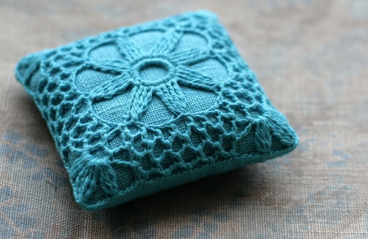 Linen  pincushion - crochet motif