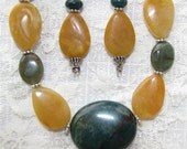 Green Jasper and Yellow Jade Necklace and Pierced Earring Set