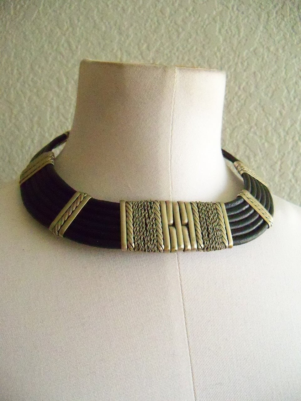 vintage 60s black leather and silvertone egyptian revival choker and bracelet set