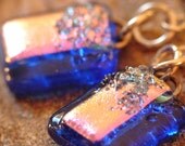 Cobalt blue and shimmery pink dichroic glass drop earrings