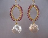 Keishi Pearl, Pink Garnet Gold Earrings