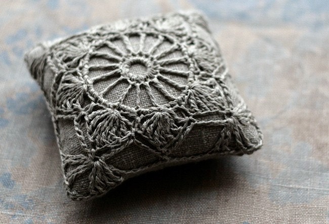Linen  pincushion - crochet motif