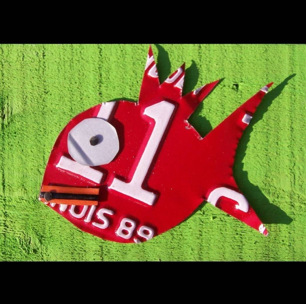 Red Funky Fish - Recycled License Plate Art - Salvaged Wood - Upcycled Artwork