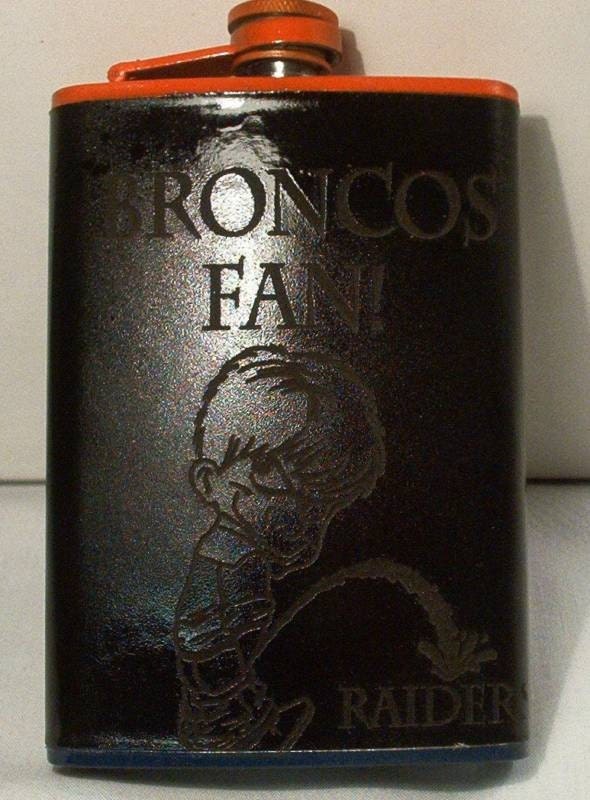 CLEARANCE 8-oz Broncos Raiders-Hater Stainless Steel Whiskey or Rum Flask With FREE Custom Lasering and In-country Shipping