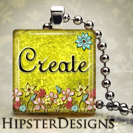 7/8in Glass Tile Pendant Necklace - Create On Vintage Style Yellow Demask Floral Background With Colorful Flowers - Free Ball Chain Necklace