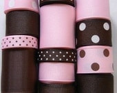Light Pink/Brown Ribbon Wholesale Lot 17 Yards Grosgrain Solid and Polka Dot Ribbon - You Receive 1 yard each
