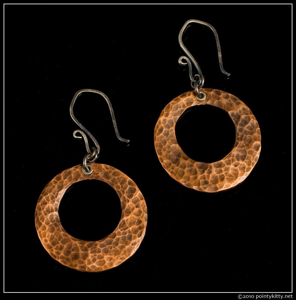 Zylphia - recycled sterling silver and copper hand-hammered offset hoop earrings