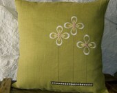 ON SALE - Embroidered Prairie Flower 16x16 cilantro green linen pillow cover arts and crafts style