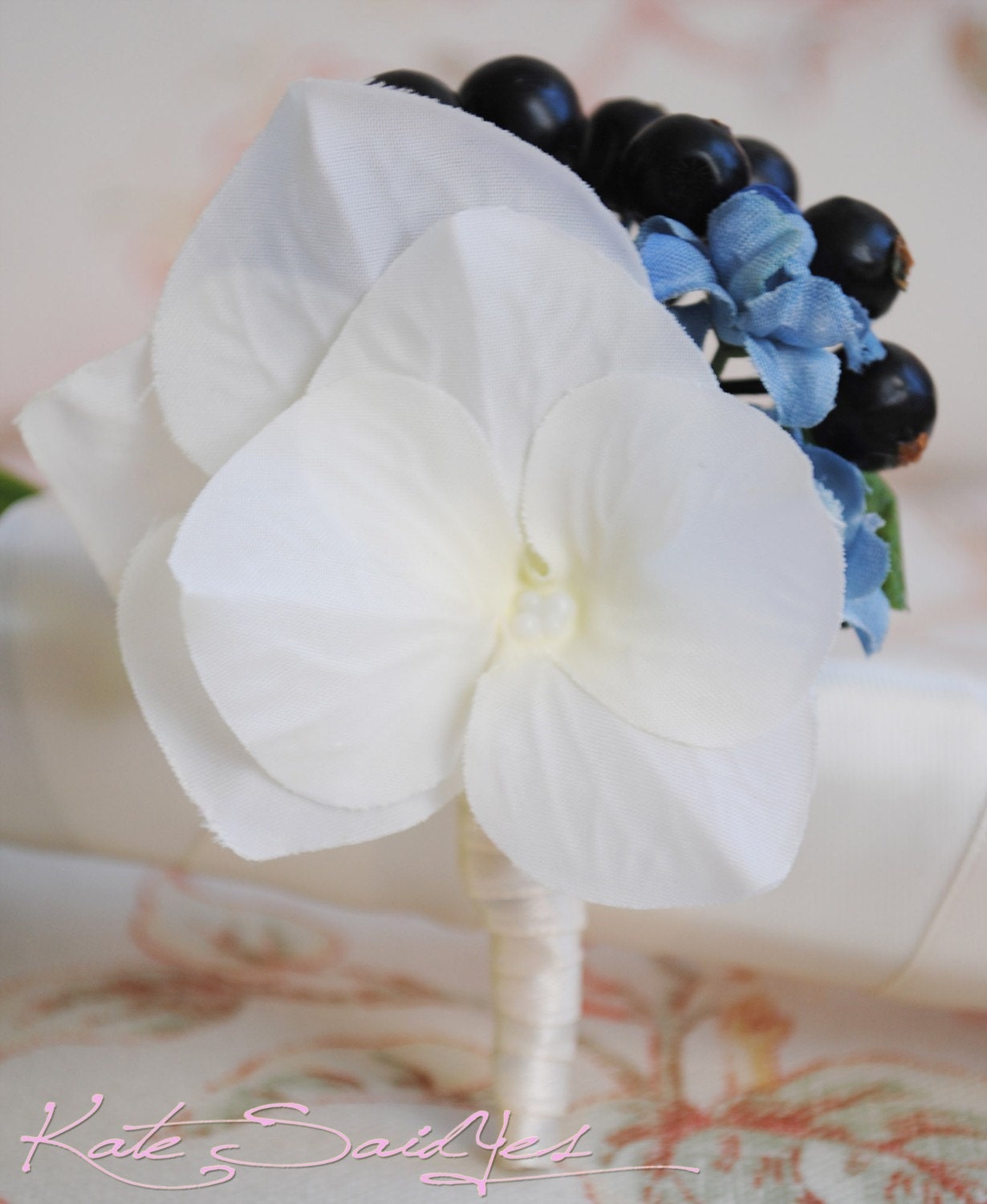 Wedding Boutonniere - White Hydrangea and Blue Berry Silk Boutonniere