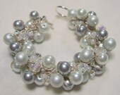Wedding Bracelet - Silver Moon Snow White, Satin Silver Grey Pearl Cluster - Unique Hand Knit Jewerly