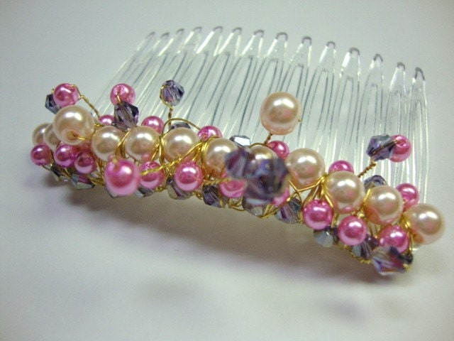 Pink & Purple Pearl and Crystal Comb