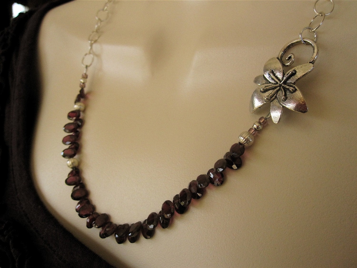 Faceted Oval Garnets Sterling Asymmetrical Handmade Necklace