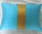 turquoise blue silk oblong throw pillow with golden yellow center band 12X18 inches