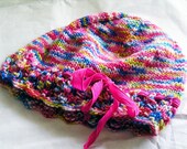 Lacy Hat, Hand Knit Lace Edged Hat, Hand Dyed Merino Wool Bright Multi Colors, Pink and Blue