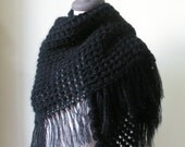 Black Crochet Shawl TRIANGLE Scarf Wrap Stole Handmade Gift winter fashion.