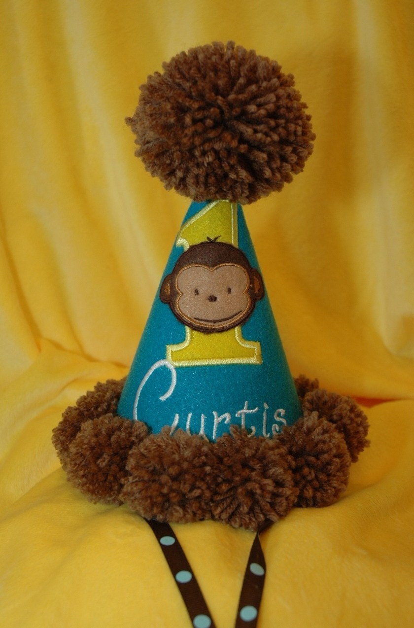 1st Birthday Party Hat Mod Monkey with Handmade Pom Pom Top and Trim or have me custom make a hat to match your party theme