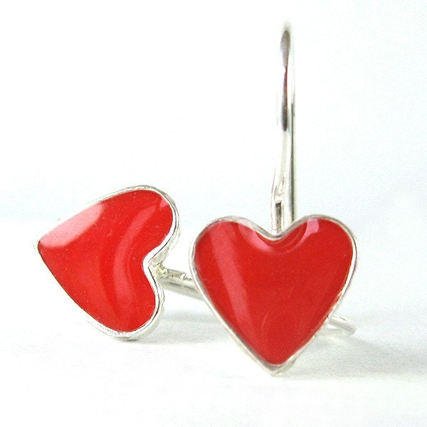 Silver Heart Earrings - Tiny Red dangle earrings