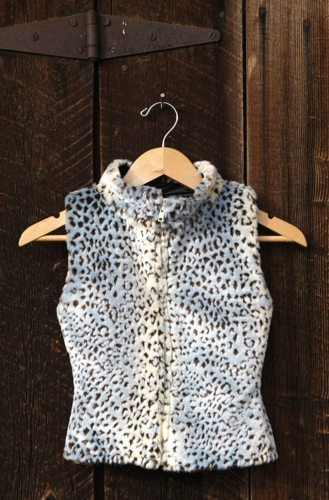 Girls Deluxe Faux Fur Vest Blue and Brown Leopard Print