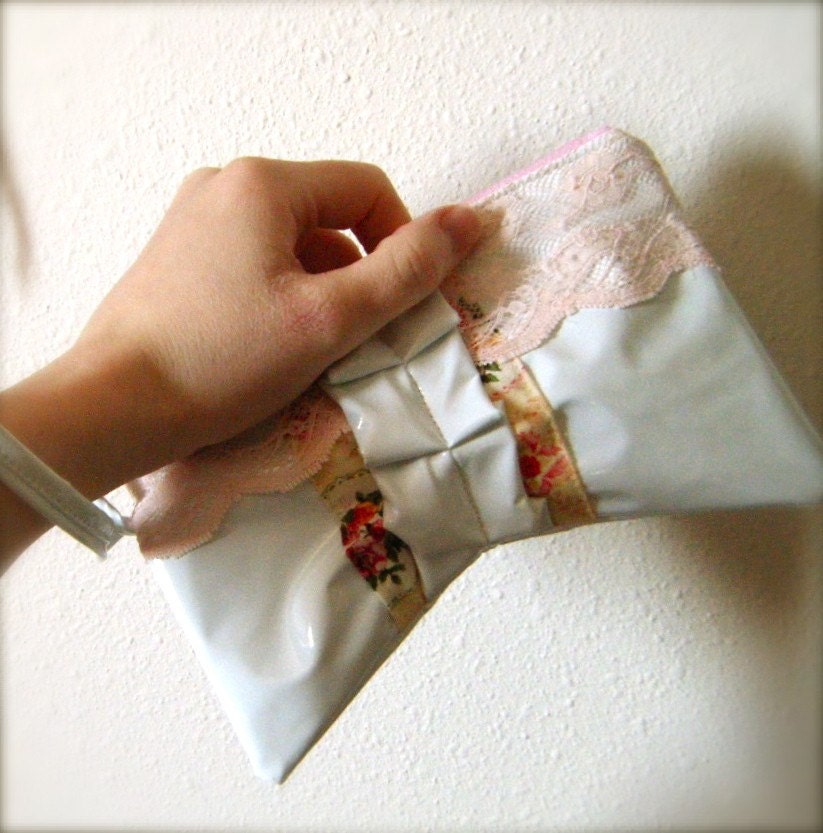 Pretty in Plastick.  White Vinyl Wristlet w/ pink lace and pleats.