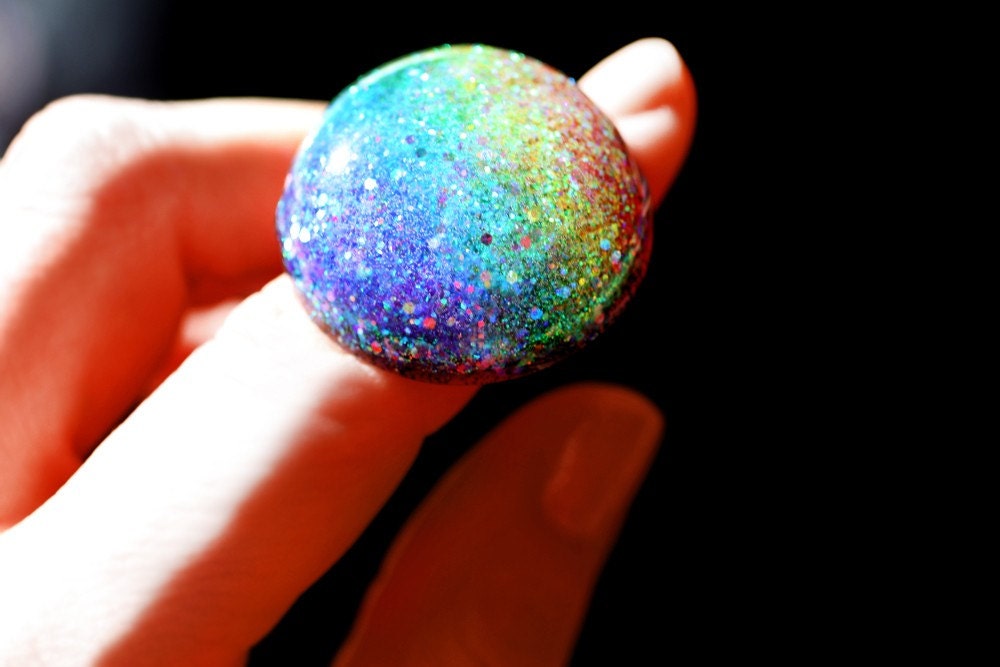 Over the Rainbow Giant Glitter Resin Dome Adjustable Ring