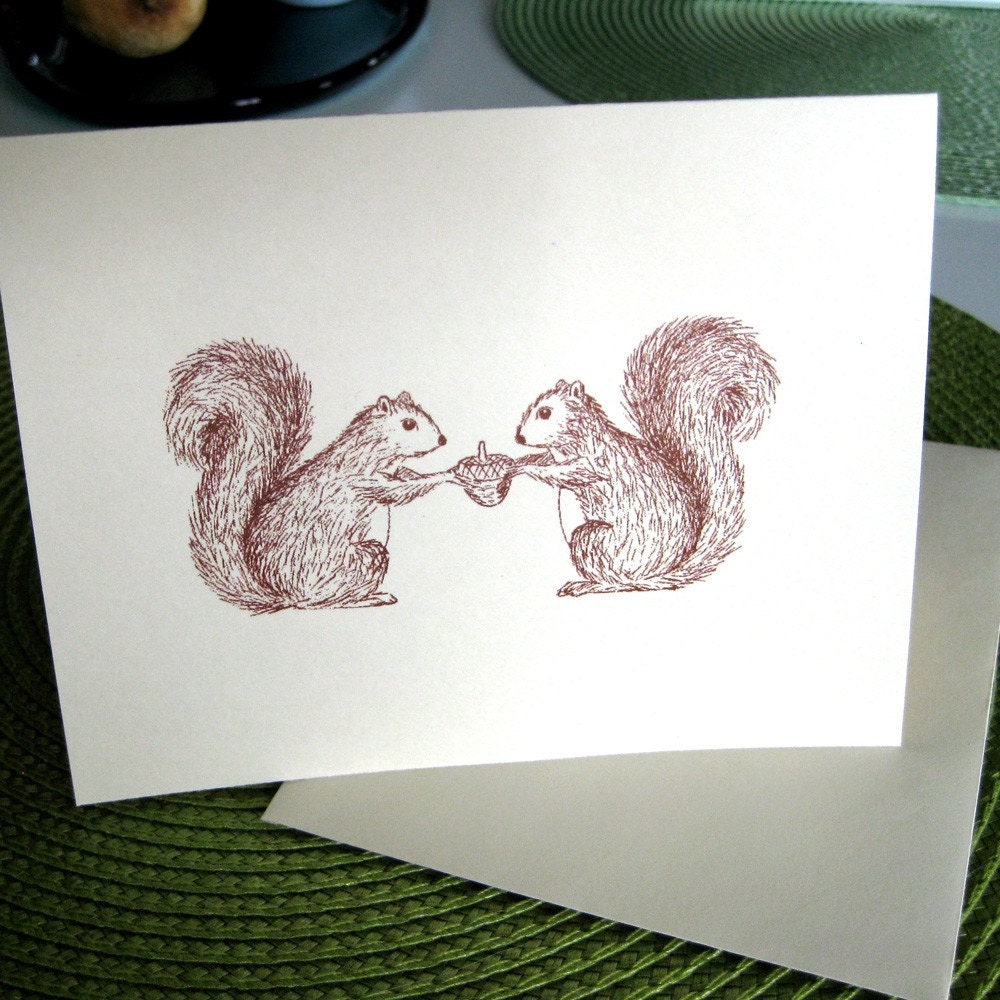 Two Squirrels and an Acorn Illustration Note Card
