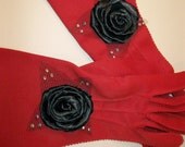 Vintage Womans Red Gloves, Embellished Black Satin Roses, Upcycled, OOAK