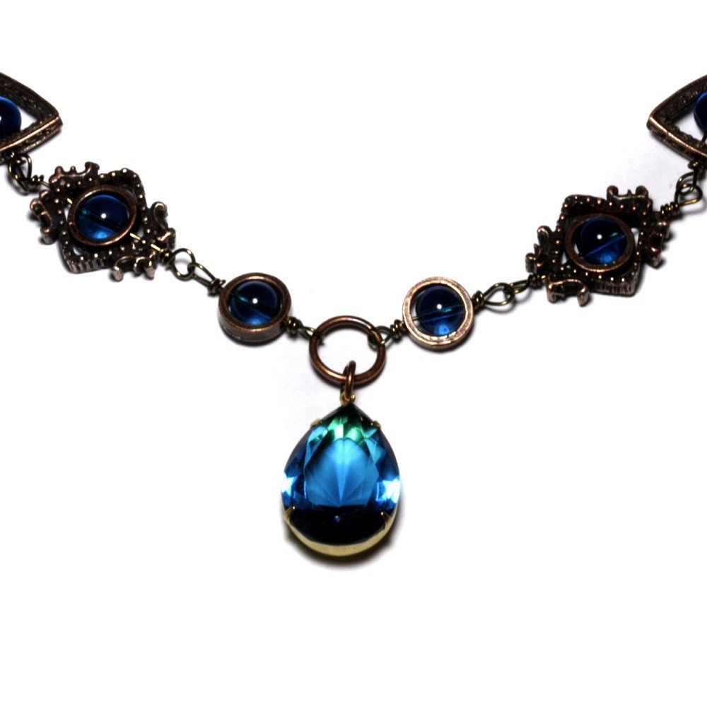Steampunk Victorian Jewelry - Necklace - Dark Aqua Faceted Supreme Quality Diamond Cut Glass Gem Stone Jewel