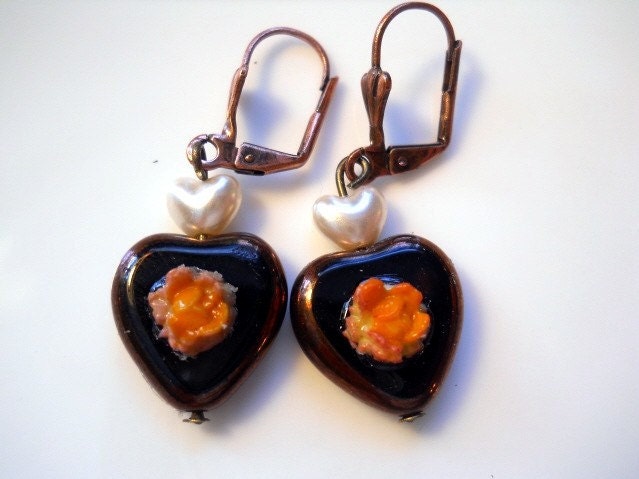 Heart Earrings Copper and Black Picasso Glass  With Vintage Pearl Heart and Vintage Flower Free Shipping US and Canada