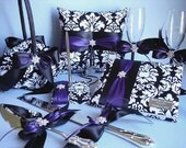 Damask Wedding Guest Book, Pen, Ring Bearer Pillow, Flower Girl Basket, Toasting Flutes, Cake Serving Set with Personalized Engraving