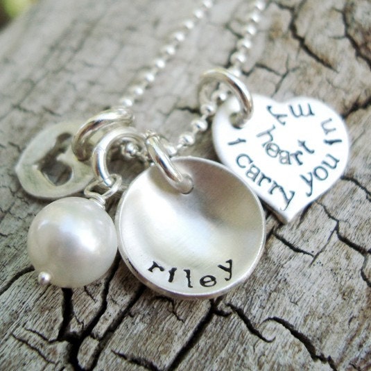 Personalized Hand stamped Mothers Necklace.. I carry you in my heart.. Sterling Silver necklace.. personalized mommy jewelry