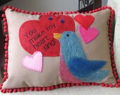 Valentine Songbird Pillow - heart, bluebird, love, throw pillow, cushion, decorative pillow, embroidery