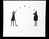 love at first sight - gocco print with hand painted hearts