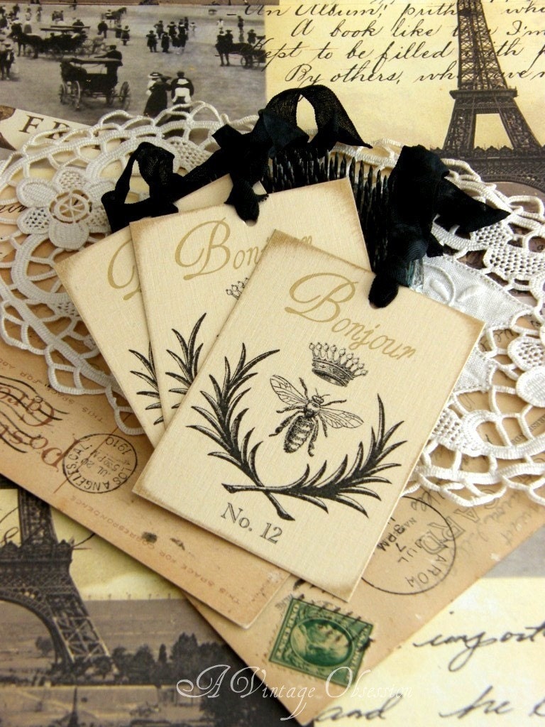 French Gift Tags Handmade by avintageobsession on etsy