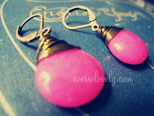 wire wrapped bright pink jade gemstone earrings