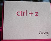 Letterpress 'ctrl z' nerd, I'm Sorry single card with matching envelope