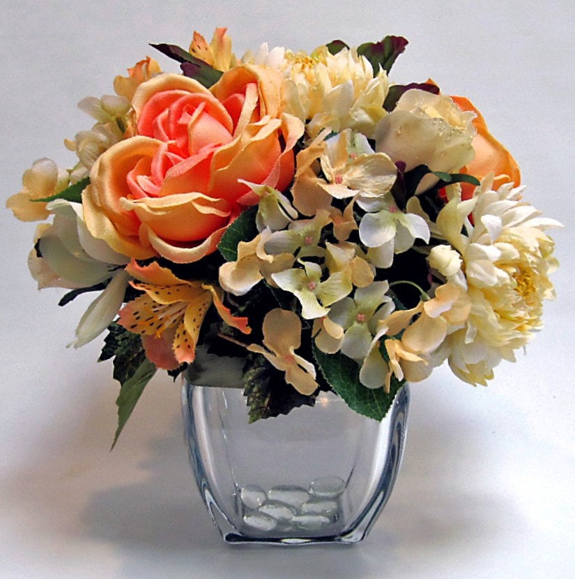 Peach and cream Roses, Peonies, Alstroemeria and Greens SILK FLOWER ARRANGEMENT in glass Vase with glass Pebbles and Satin Ribbon - EverythingFloral