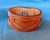 Warm tan Leather and Alligator Valentine Heart cuff bracelet