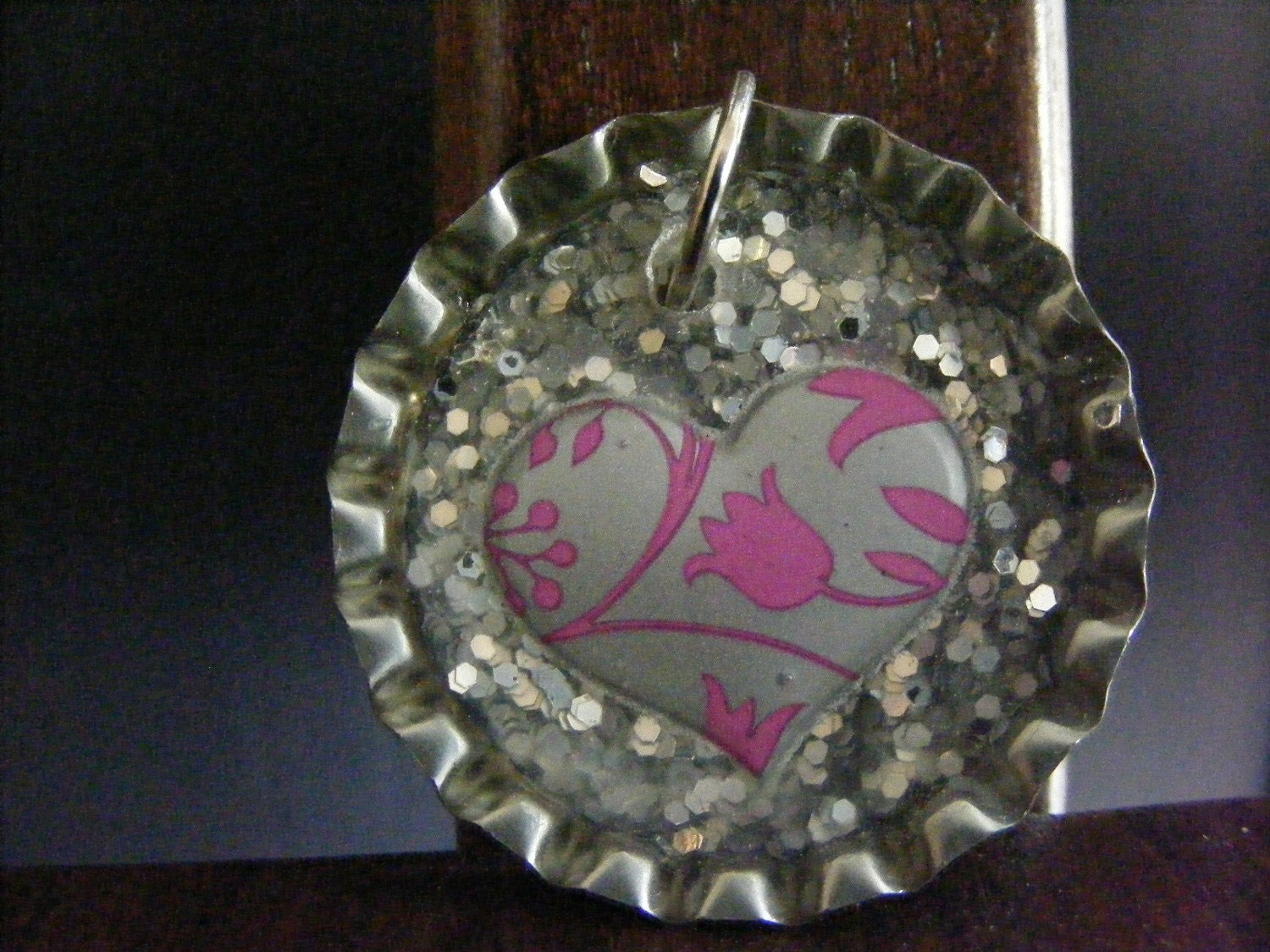 SALE---Pink and Silver Heart Bottle Cap Pendant