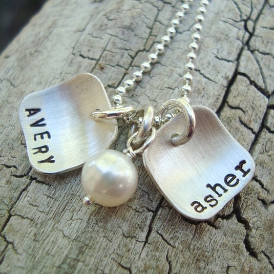 personalized hand stamped sterling silver mothers necklace.. hand stamped tiny square charm necklace.. hand stamped mom jewelry