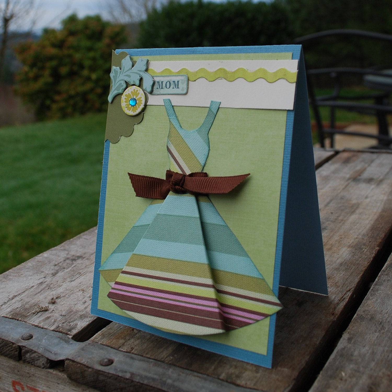 MOM dress card and envelope in blue and olive Amy Butler paper