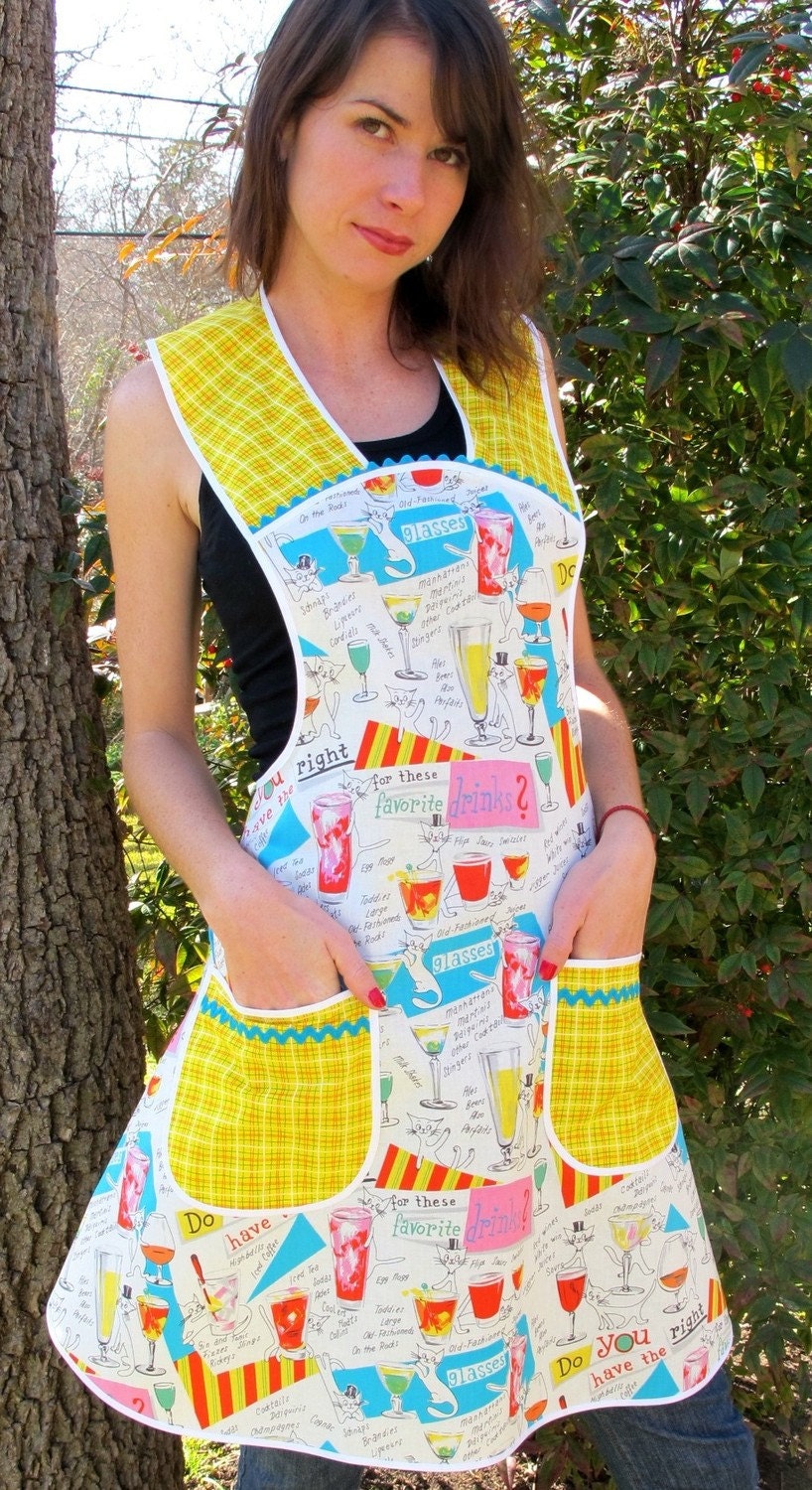 Kitty Cocktails- Vintage Everyday Housewife Apron -Size Small to Medium