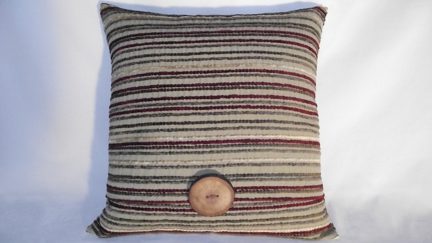 Pillow Cover Light Olive Chenille Stripes in Cranberry, Deep Olive, Tan. Accent Wood Button
