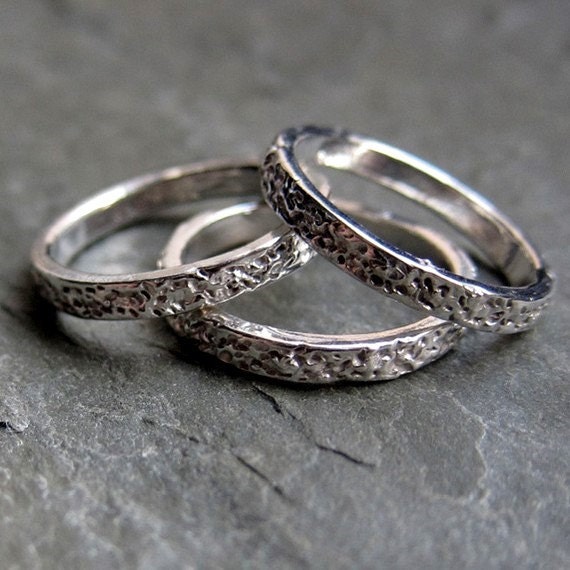 Textured organic silver stack ring set of 3 sterling rings, handmade to order