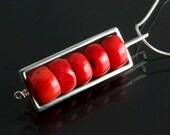 Sterling Silver Red Coral Bambo Bead Rectangle Pendant