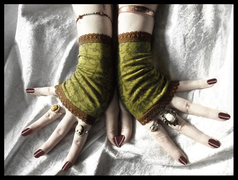 Dryad Fingerless Gloves - Moss Olive Green Fern Damask Floral Paisley Brown Lace - Victorian Vampire Dark Tribal Bellydance Gypsy Goth Boho