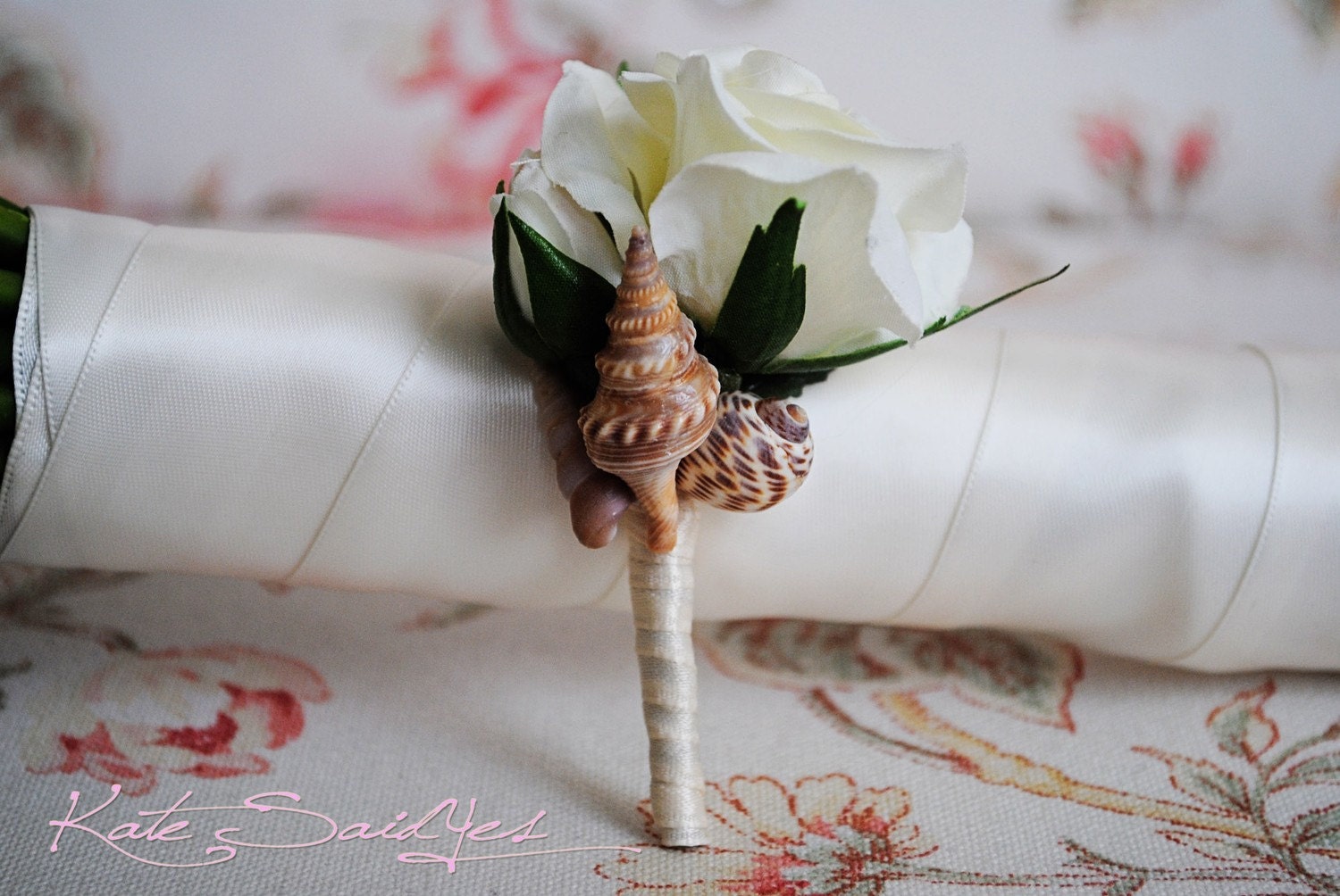 Seashell and Ivory Rose Boutonniere - Beach Wedding Accessory