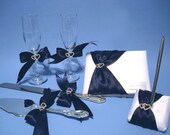 Wedding Accessories, Guest Book, Pen, Champagne Flutes, Cake Serving Set with Linked Hearts, Custom Colors and Personalized Engraving