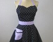 The BELLA Vintage Inspired Black and White Polka Dot with Lavender Purple Full Apron